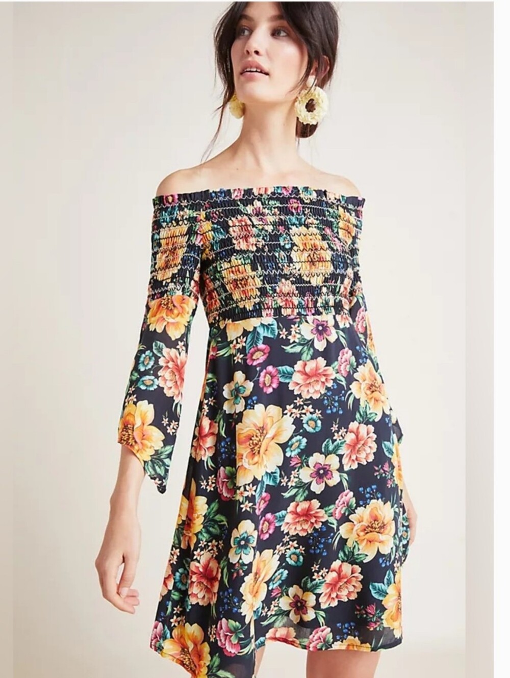 Farm Rio x Anthropologie Sasha Off-Shoulder Black Floal Smocked Dress Medium